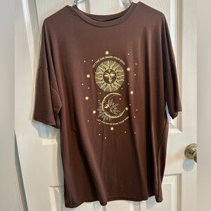 Brown Graphic Tee with Sun and Moon Design
